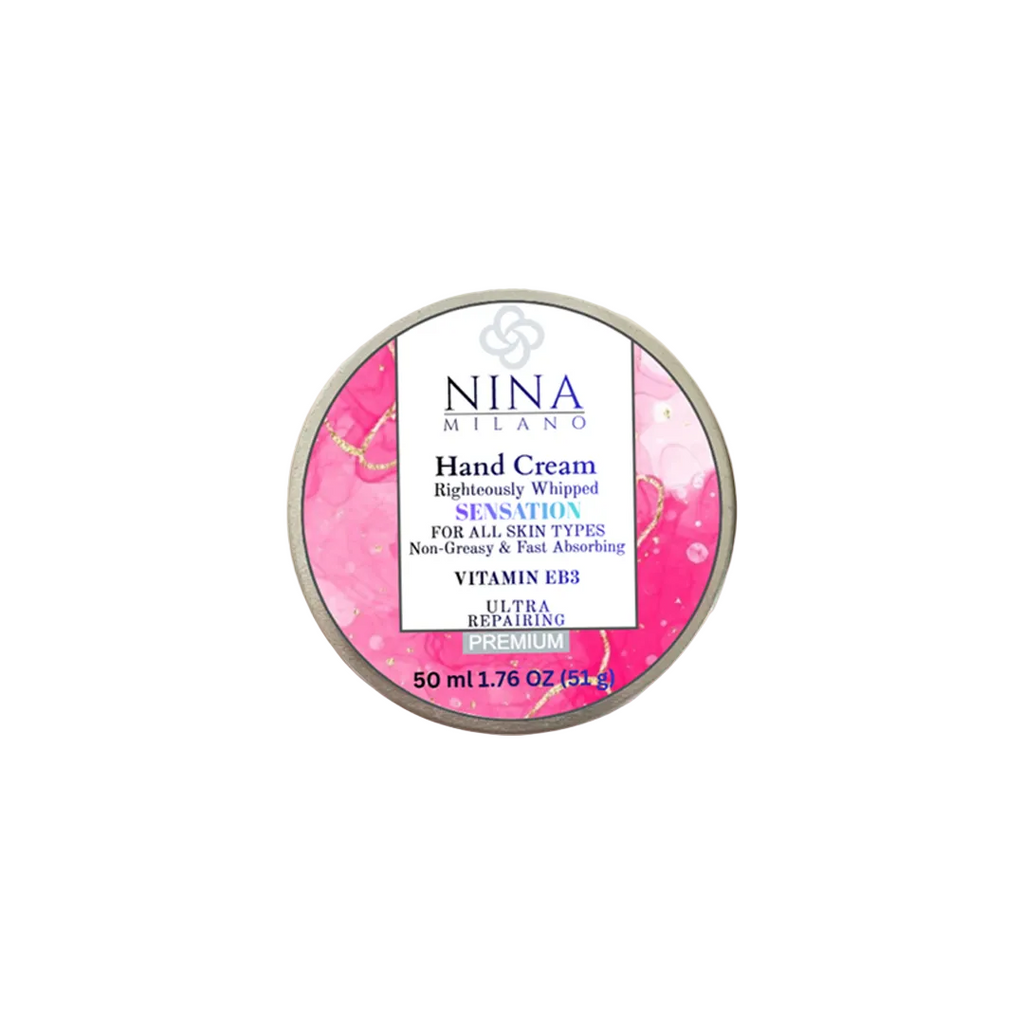 Nina Milano hand cream container on a beige background